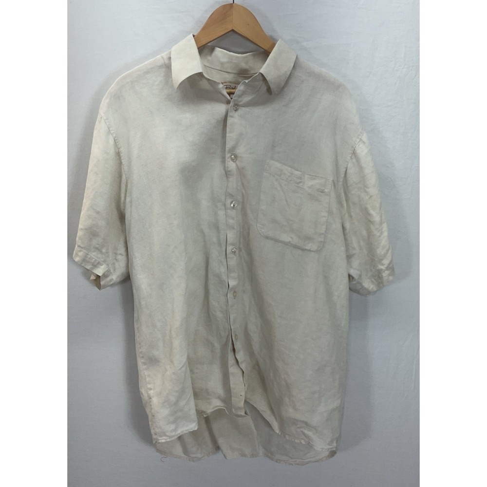 Bohio 100 % LINEN short slv Shirt Men L Pockets Ivory/ Tan Beach euro summer